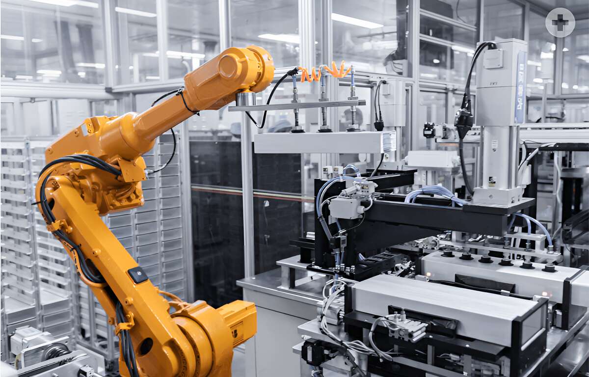 Un brazo robótico amarillo en una planta de producción de baterías.